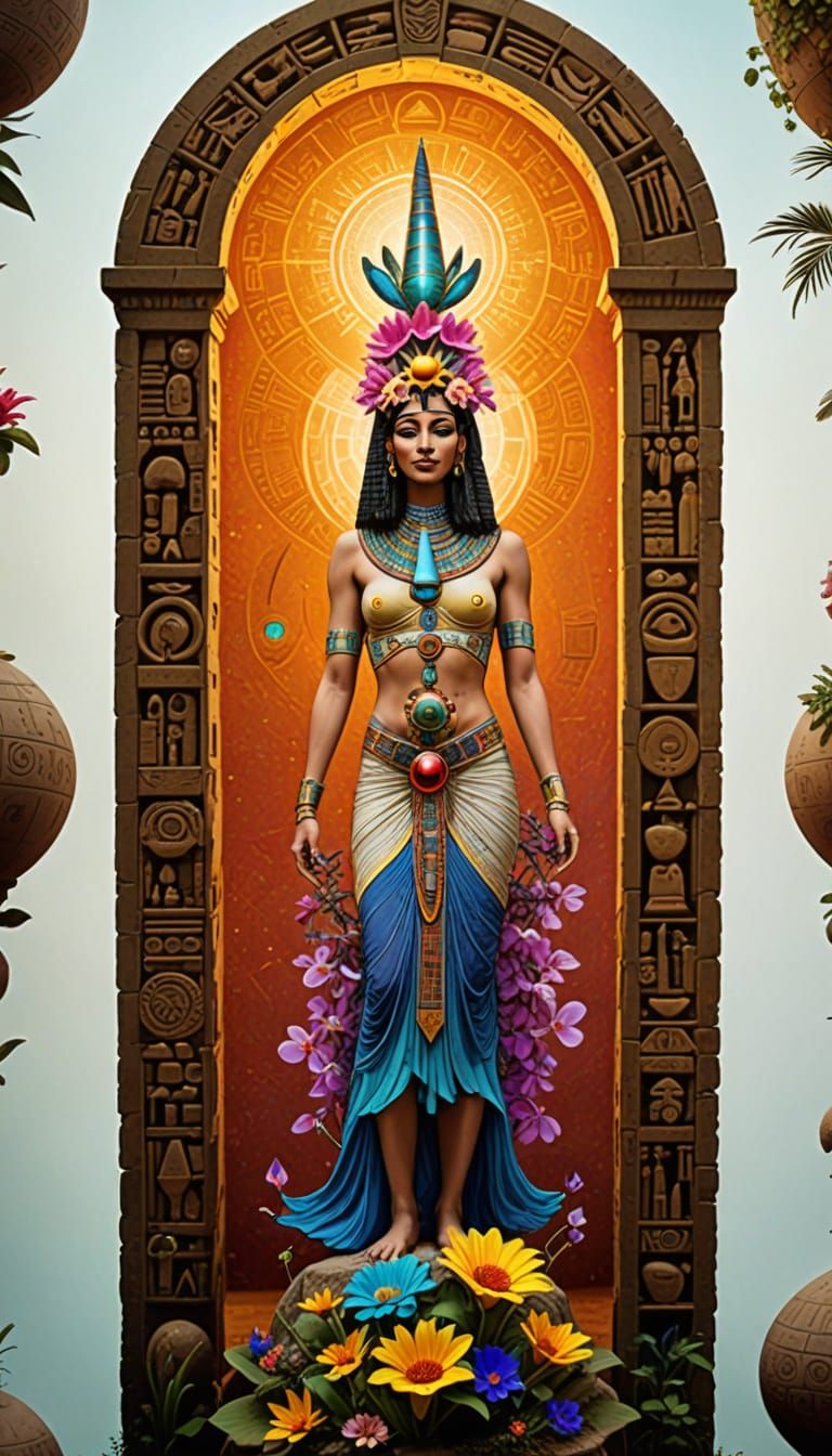 Egyptian Goddess in Vibrant Surrealist Garden