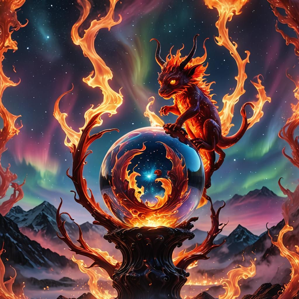 Fiery Imp on Glass Orb: Surreal Digital Art