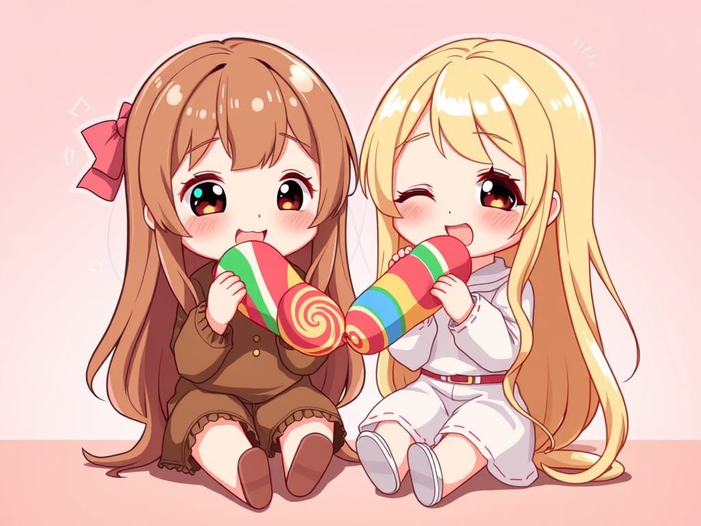 Kawaii Chibi Girls Enjoying Tootsie Roll Together