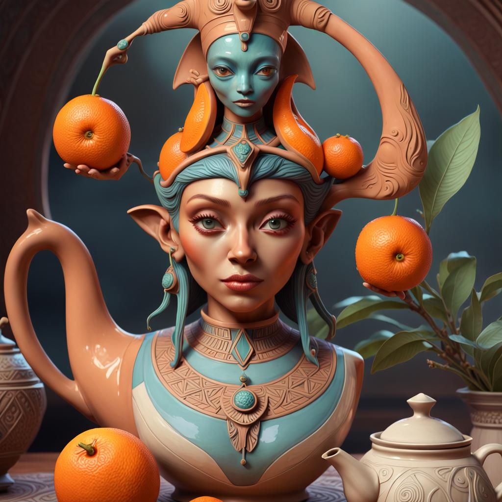 Whimsical Alien Teapot with Egyptian Sculpture
