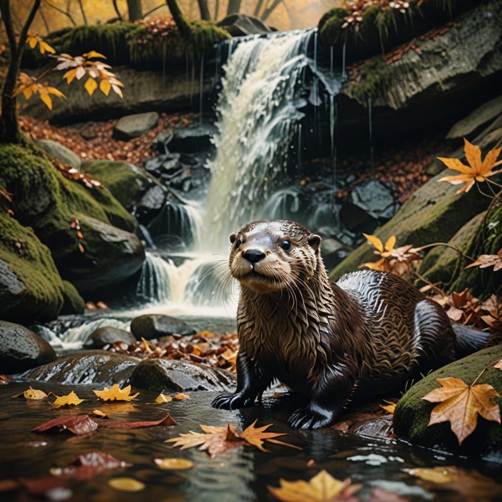 Otter Plays Under Autumn Waterfall Cinematic Film Still