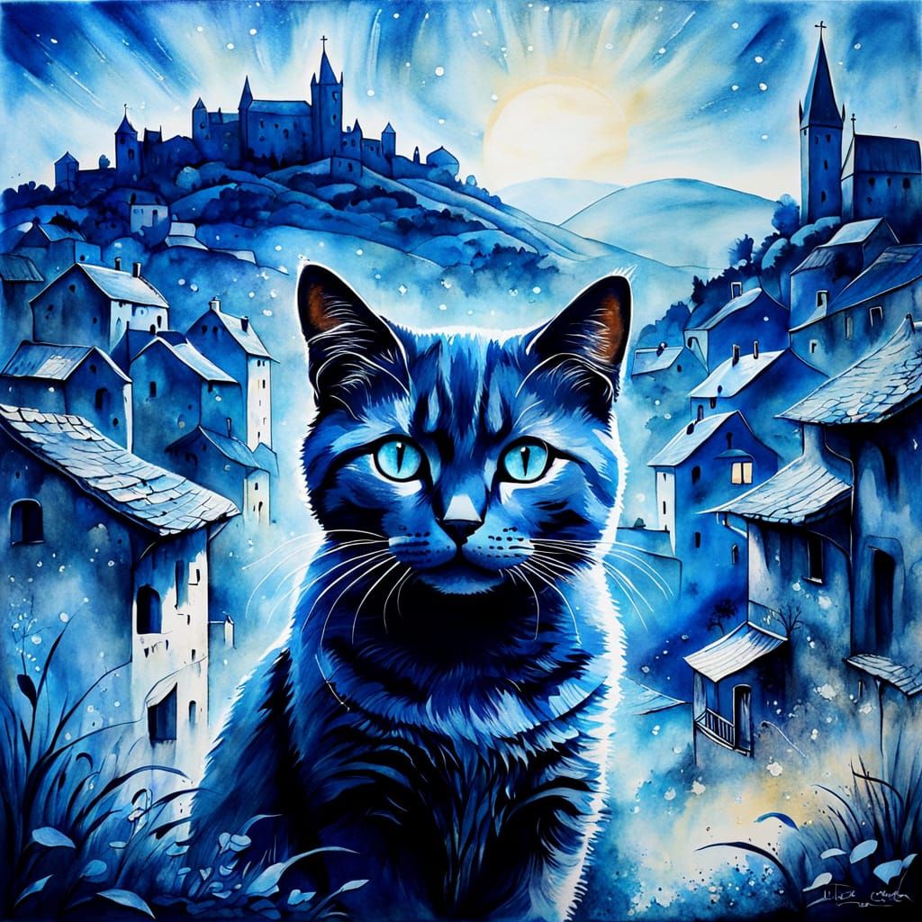 Monochromatic Blue Cat Double Exposure with Medieval Village