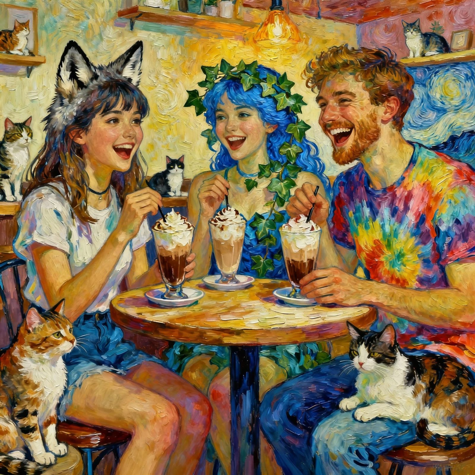 Friends Laughing at Cat Cafe in Impasto Style
