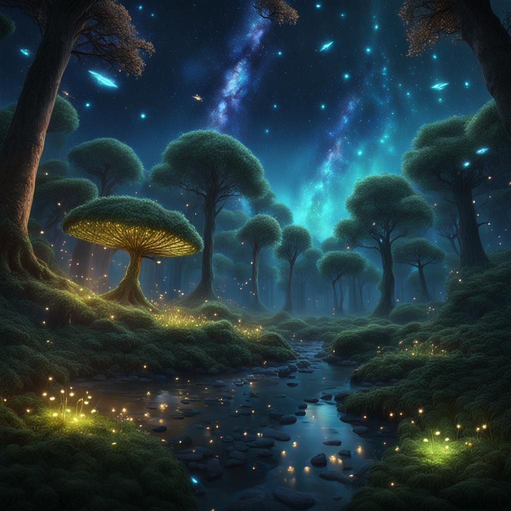 Enchanted Forest with Fireflies under Milky Way