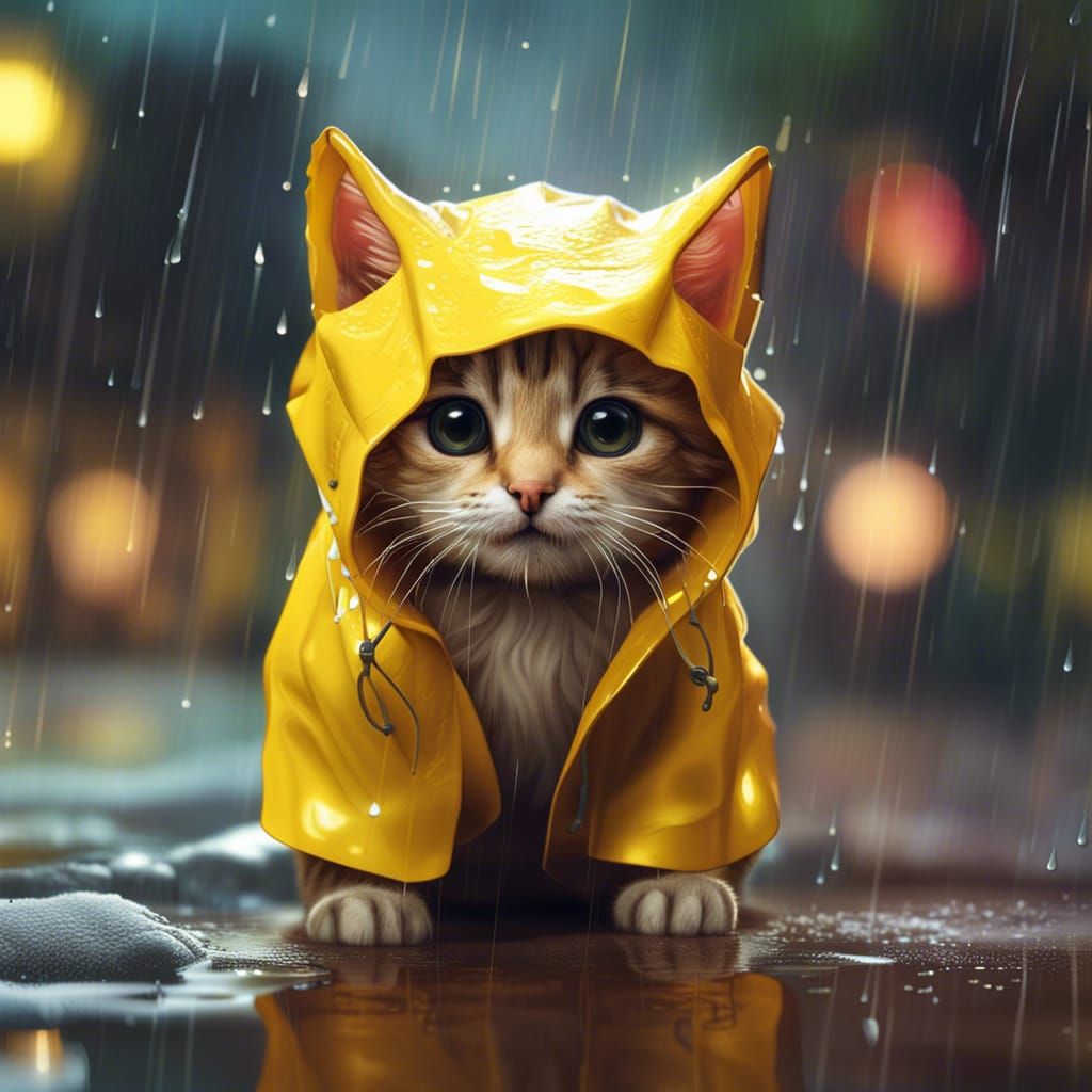 Cute Kitten in Raincoat: Hyperrealistic Splash Art