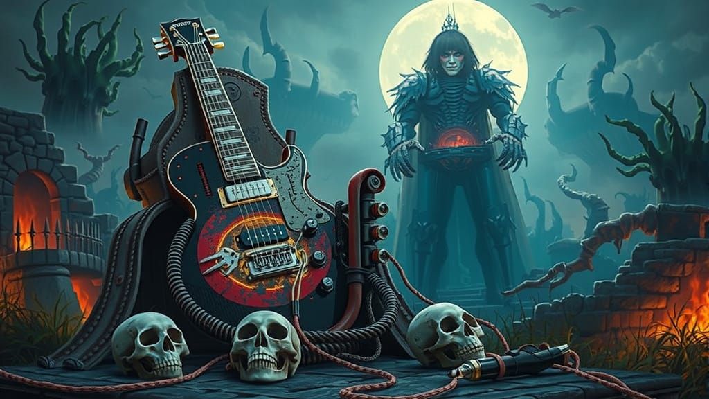 Biomechanical Bass Guitar on Skull Throne in Surreal Art