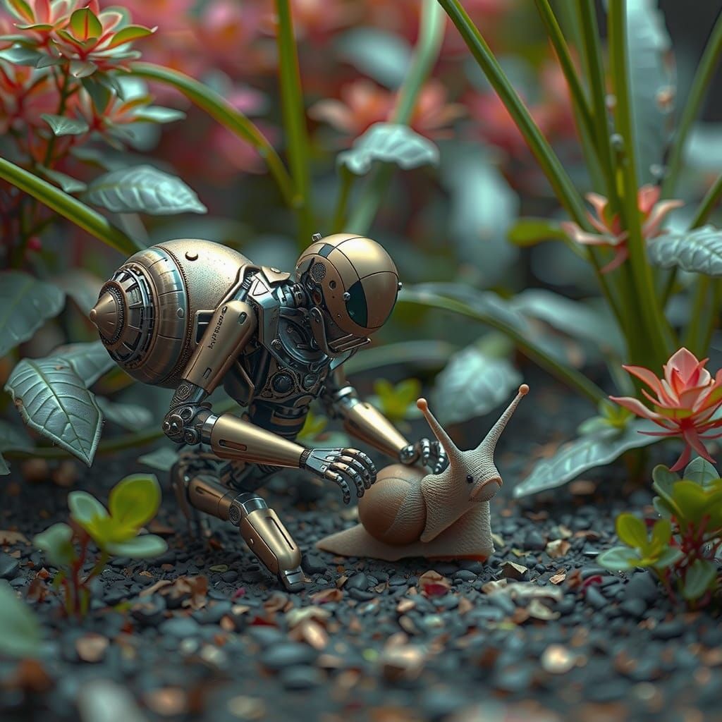 Steampunk Sci-Fi Robot in Whimsical Landscape