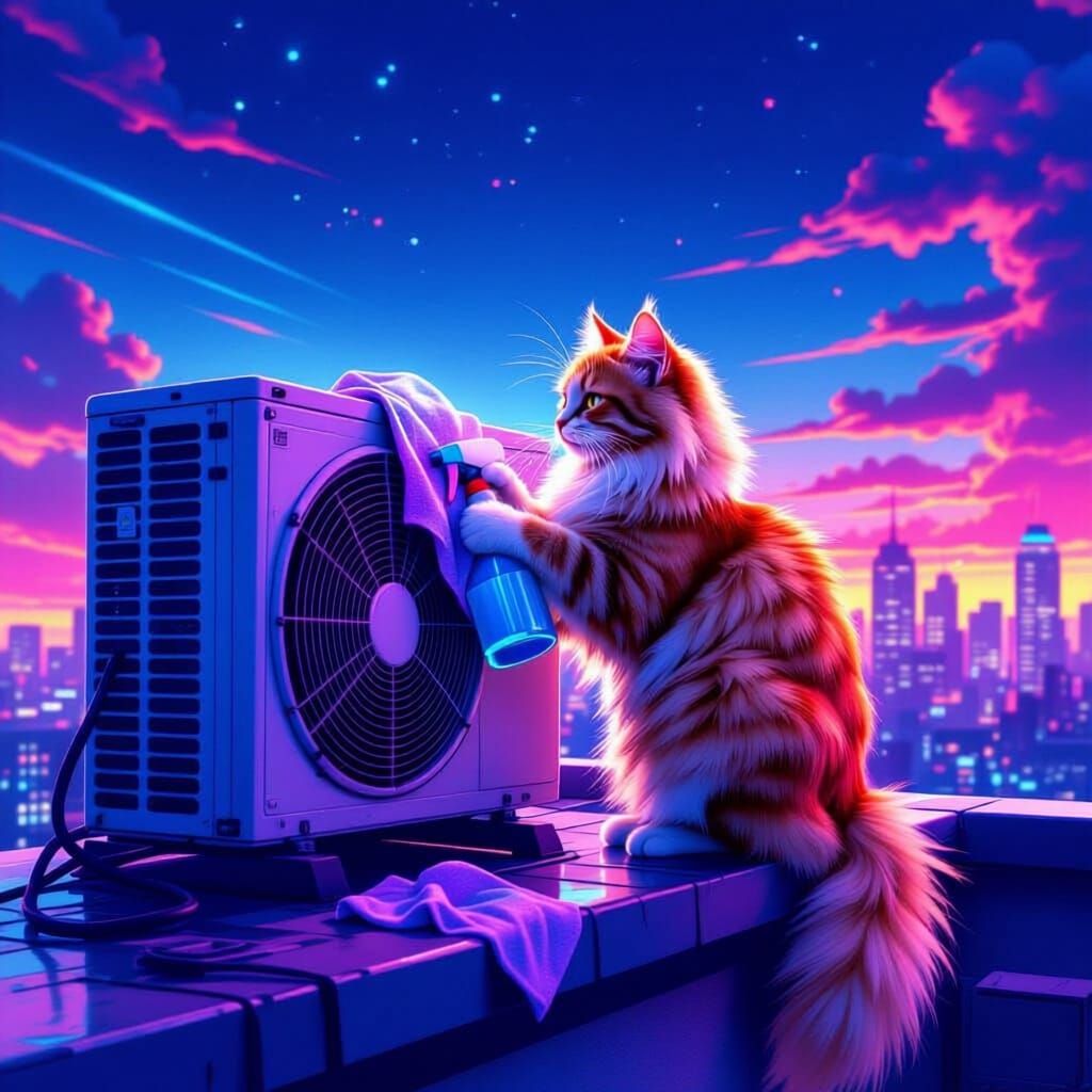 Ginger Cat Cleans Rooftop Air Conditioner Under Neon Sky