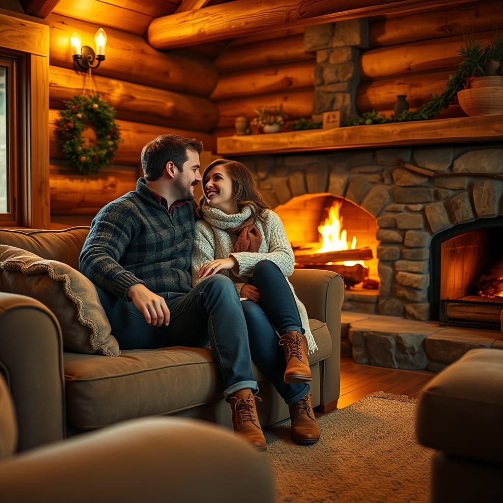 Romantic Cabin Scene with Newlyweds