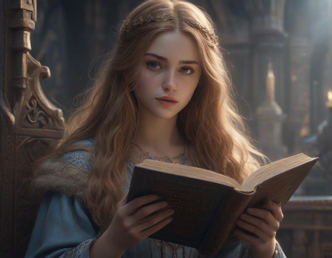 Norse Goddess Reads Ancient Magic Tome in Vivid Fantasy Scen...