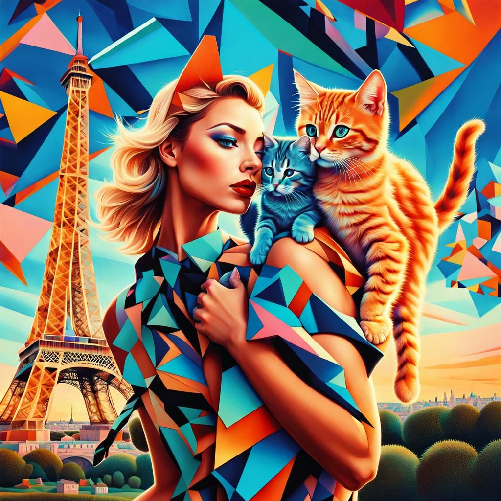 Eiffel Tower Kiss Surreal Cubist Portrait