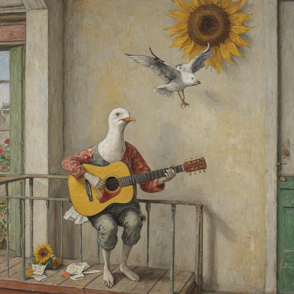 Seagull, Sunflower, Guitarist in Dreamlike Scene
