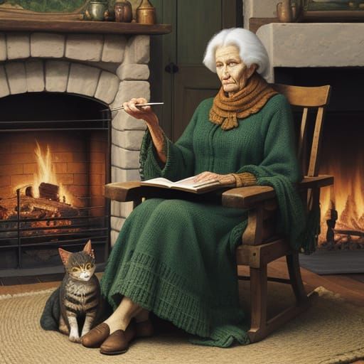 Elderly Witch Relaxing by Fireplace in Impressionist Oil Pai...