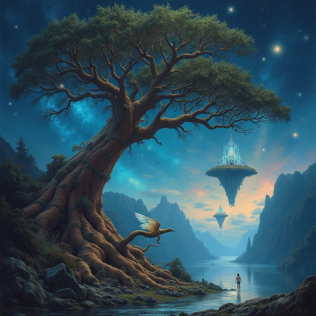 Ancient Bioluminescent Tree Amidst Floating Nebula Islands
