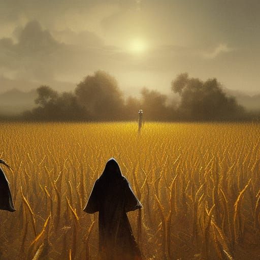 Robed cultists in a corn field. Daylight. Ominous. Yellows and brown.