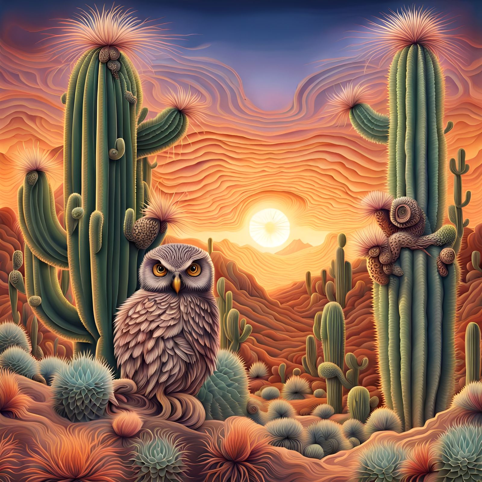 Pygmy Owl Family Nest in Cactus, Ornate Fractal Art