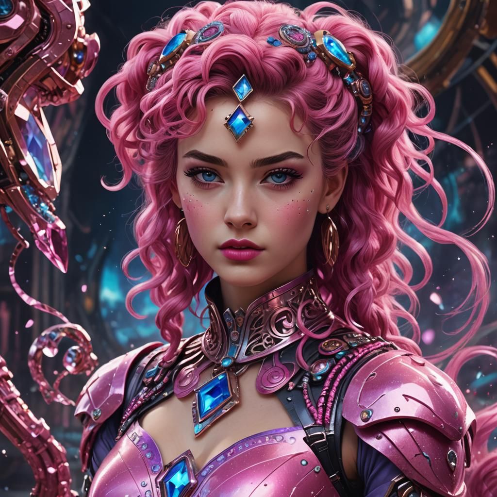 18 year old woman with fringe with blowing dark pink curly b...