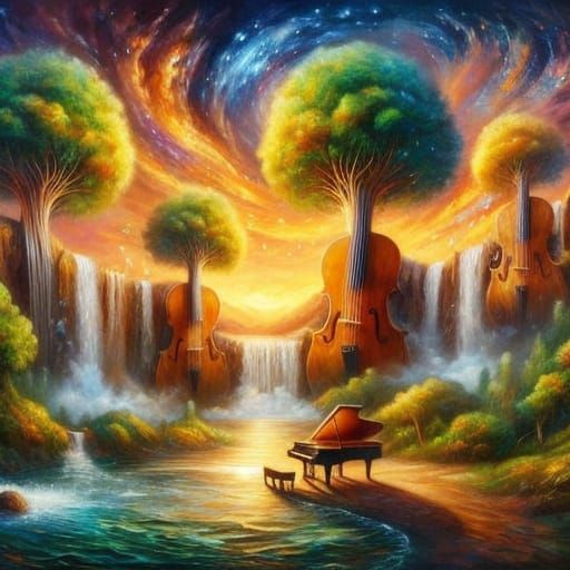 Impressionist Dreamscape Symphony with Vibrant Golden Landsc...