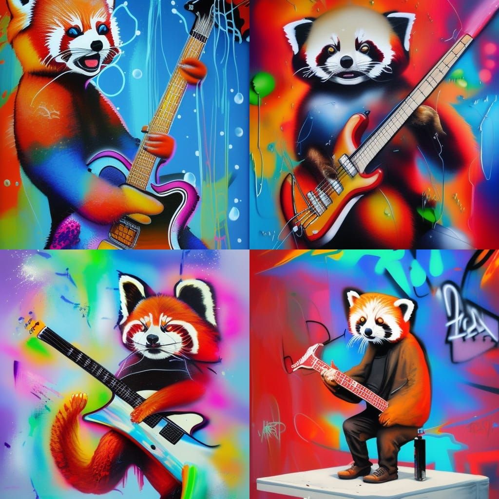 Red Panda Guitarist in Graffiti Street Art Style
