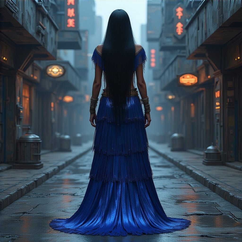 Navajo Woman in Futuristic Blue Dress