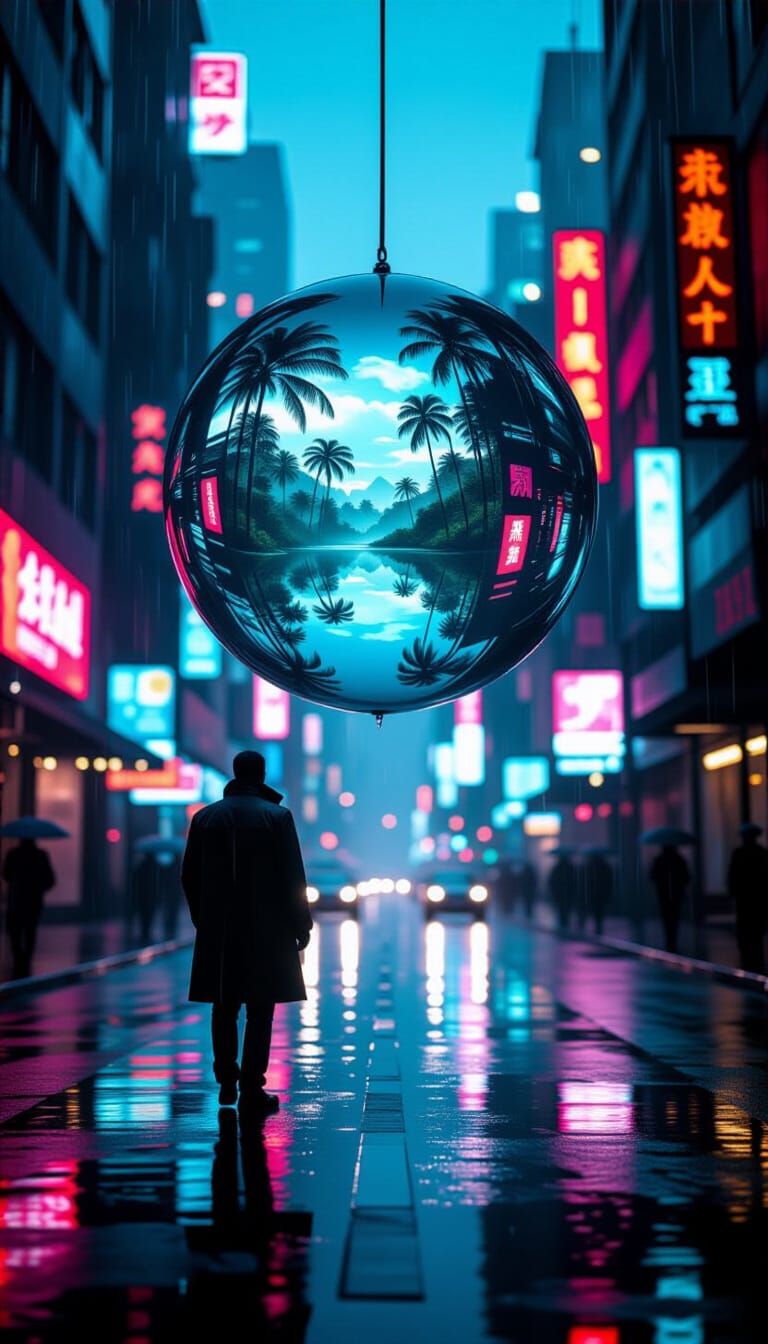 Cyberpunk Mirror Reflects Alien Jungle Vista