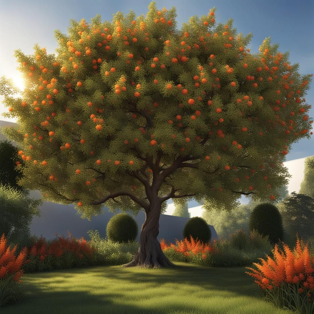 Hyperrealistic Tree in Garden: Detailed Matte Painting