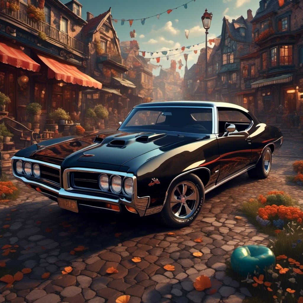 /imagine prompt: a pristine black 1969 Pontiac GTO Judge car with a 455HO engine. ::   --ar 4:5 --quality 2 --chaos 17 -...