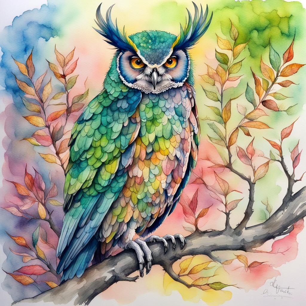 Watercolor Eagle Owl on Branch with Green Leaves