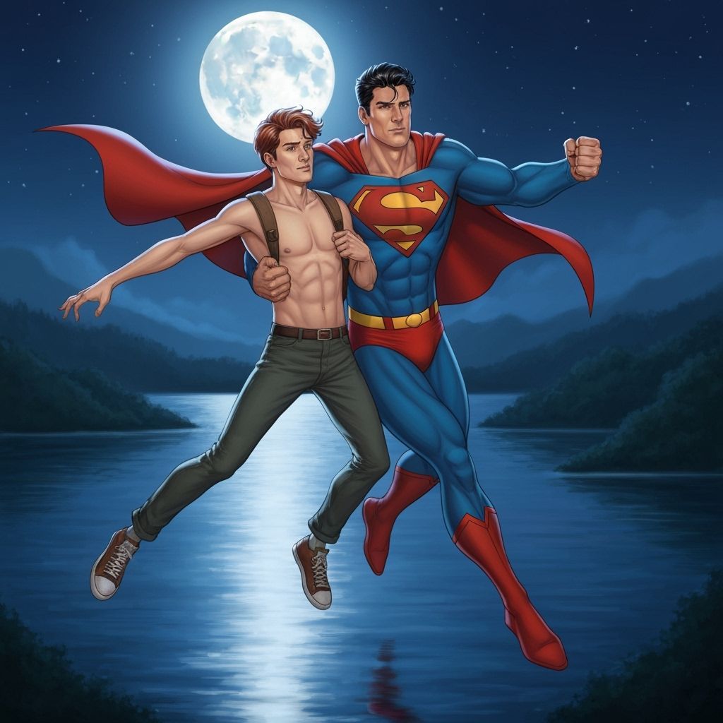 Superman & Jimmy Olsen Fly Over Lake Under Full Moon