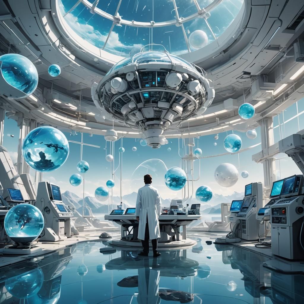 Futuristic Scientist Surrounded by Drifting Equipment in a S...