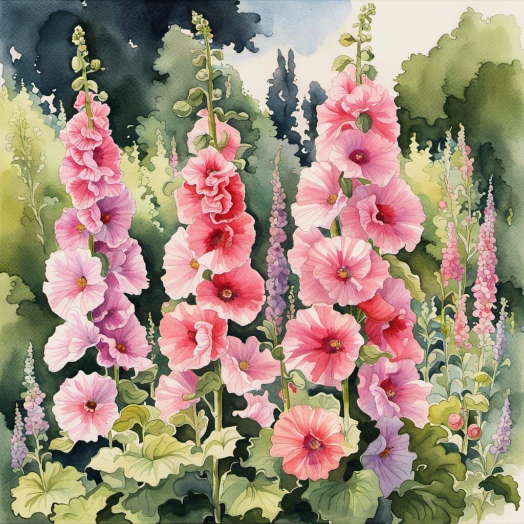 Pink Hollyhocks in Watercolor Cottage Garden Scene