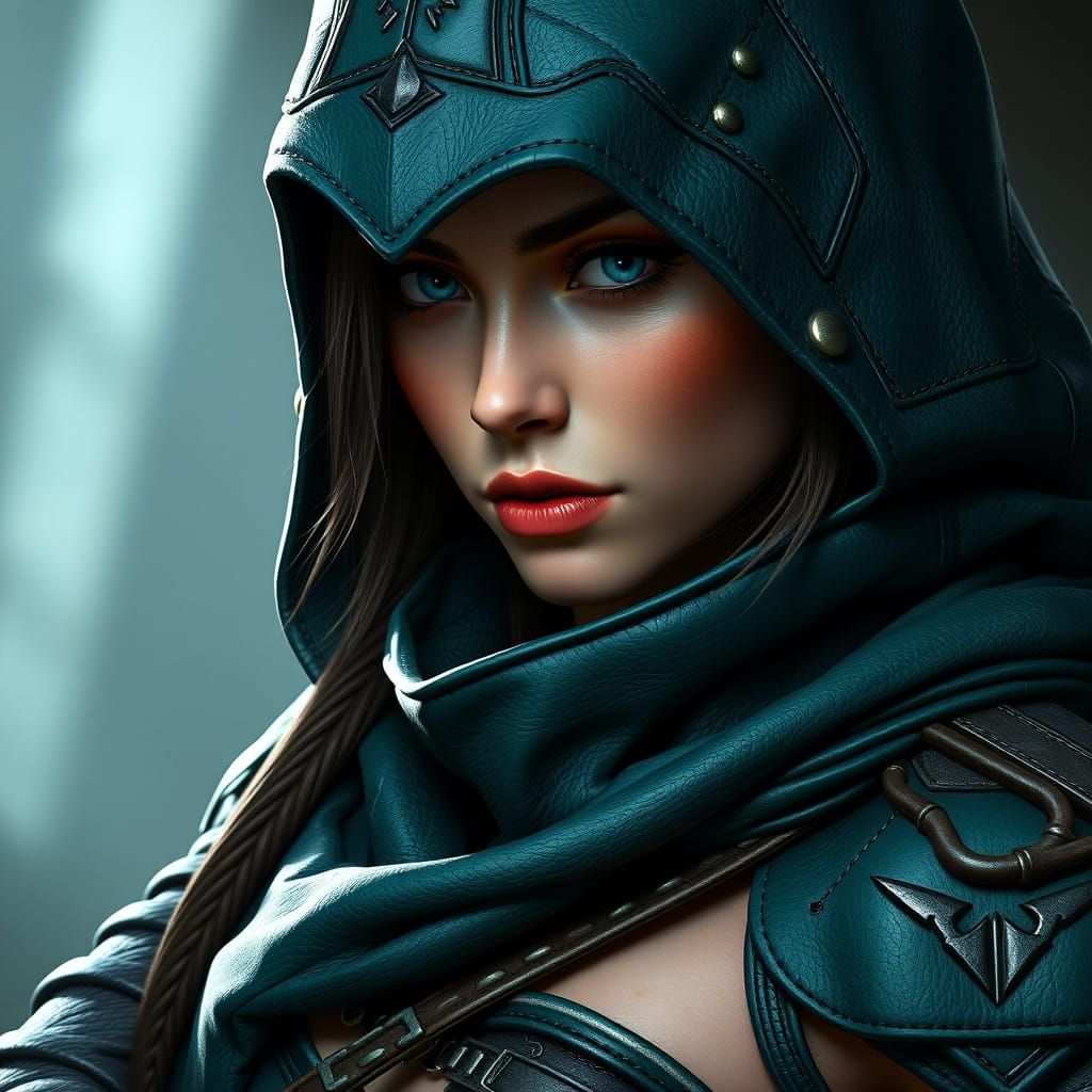 Surreal Female Assassin in Teal Leather Armor