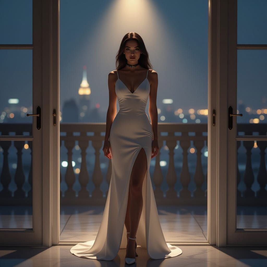 Elegant Lady in White Dress Gazes at City Lights