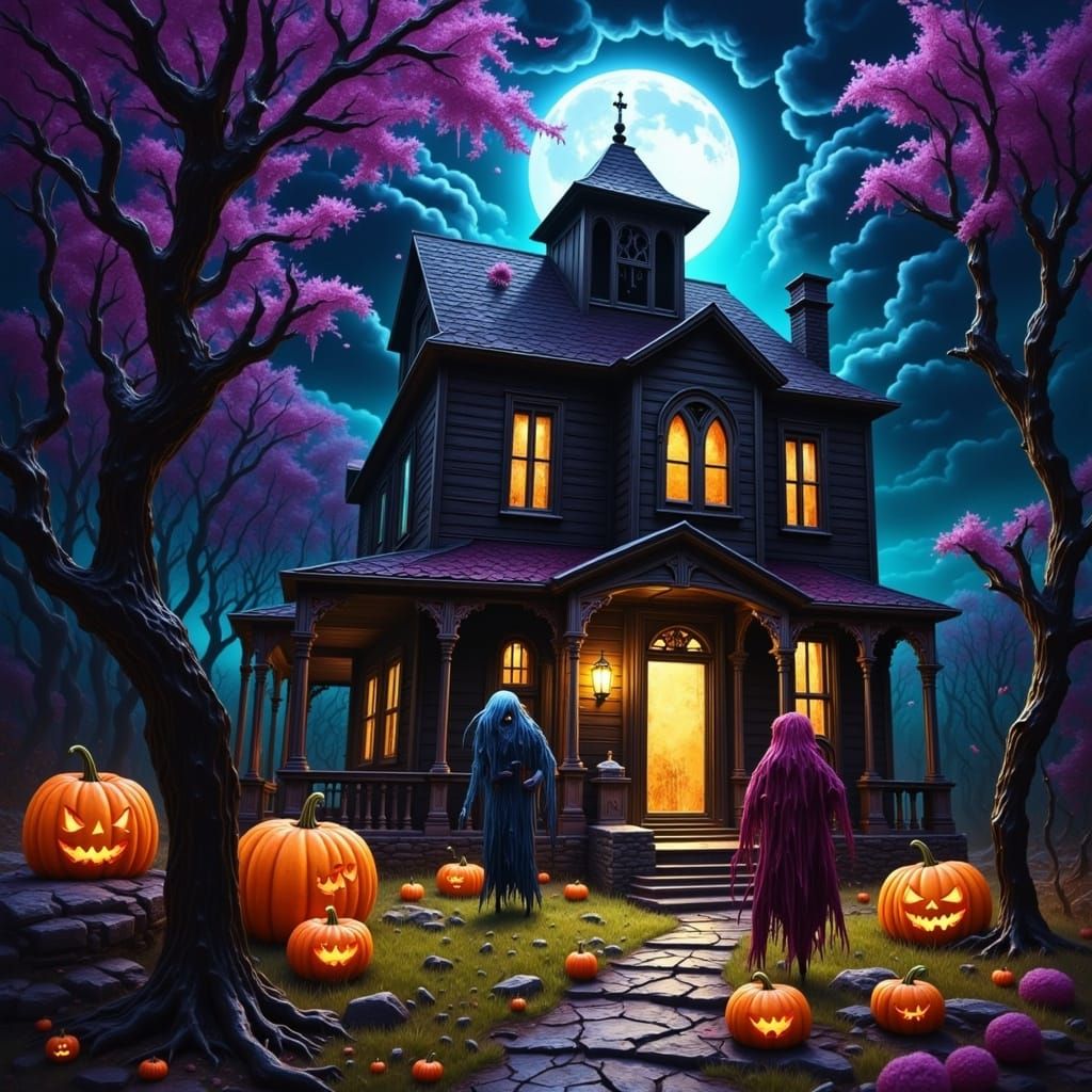 Unsettling Halloween Scene: Twisted Trick-or-Treaters Approa...