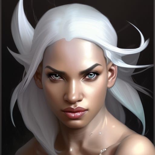 Striking Black Elf Portrait with White Hair