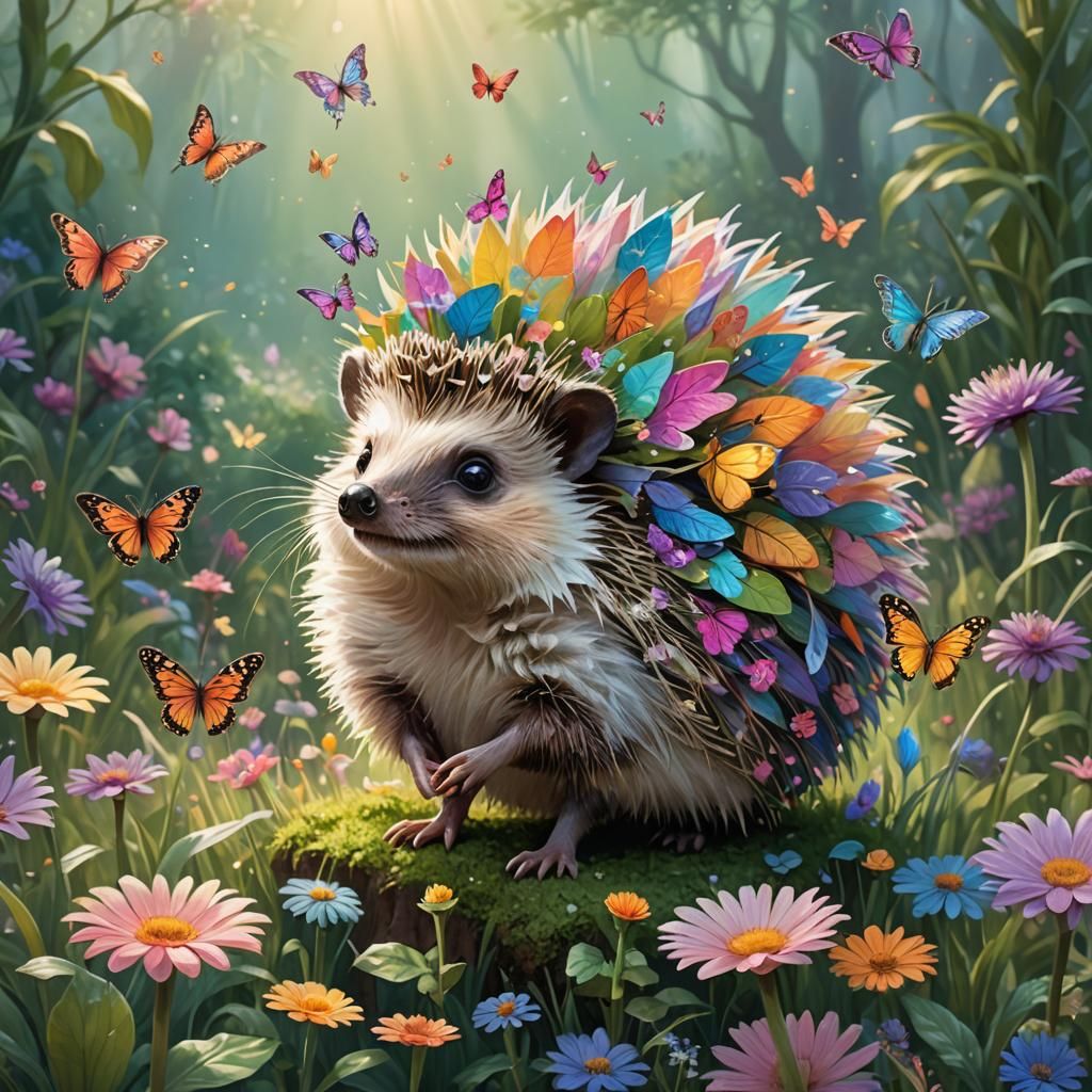 Hedgehog with Butterfly in Prismatic Art Nouveau Garden