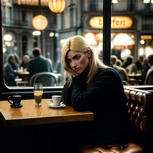 Pensive Woman at Parisian Cafe: Cinematic Film Still