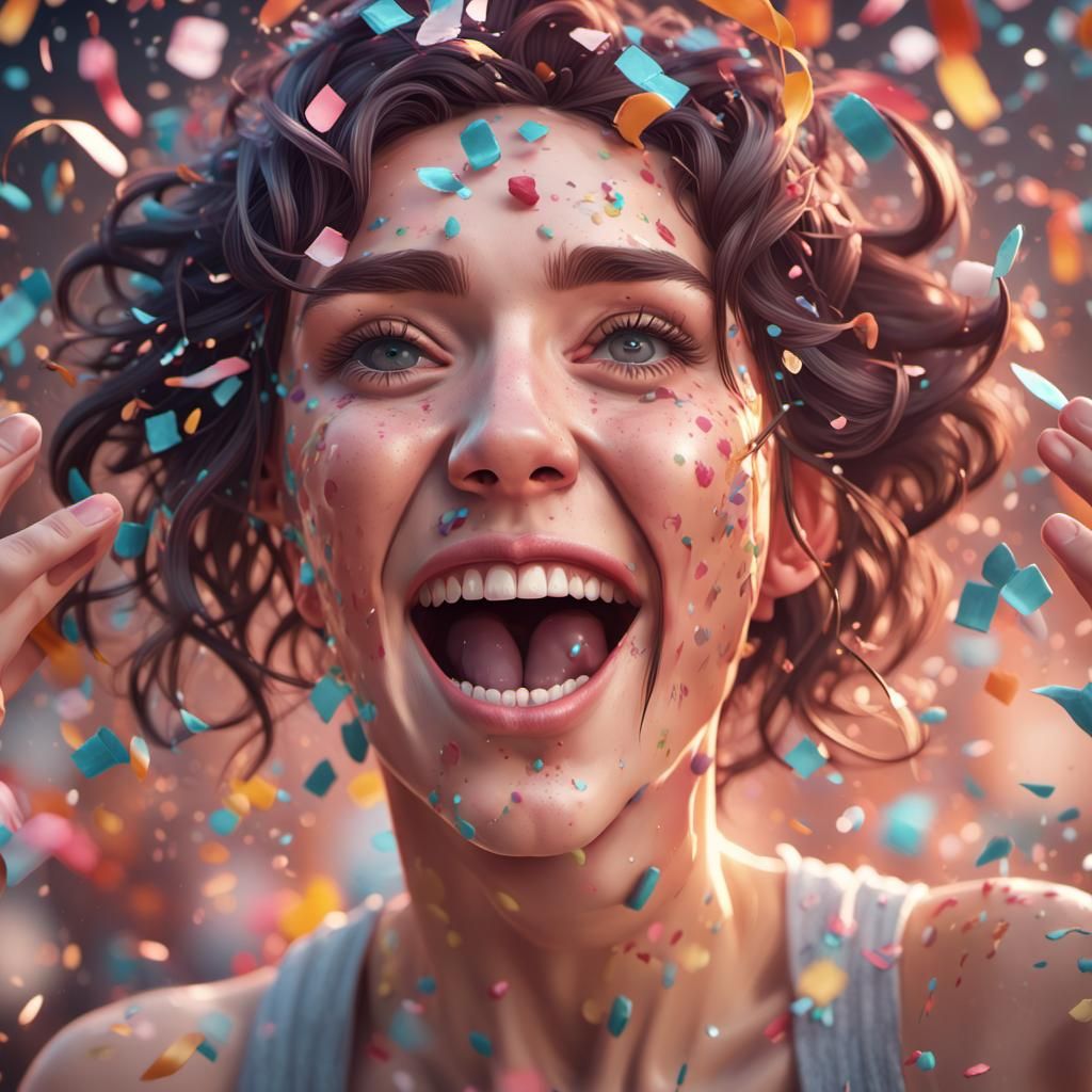 Woman Celebrates with Confetti: Detailed Digital Portrait