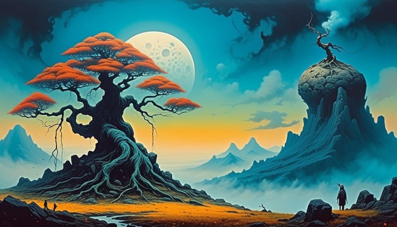 Bonsai Tree on Misty Peak in Surrealist Style