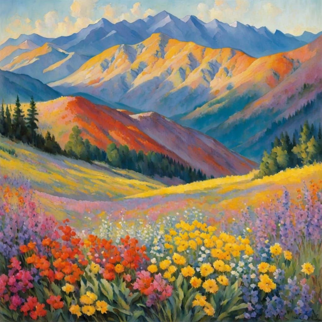 Impressionist Mountain Valley with Radiant Wildflowers