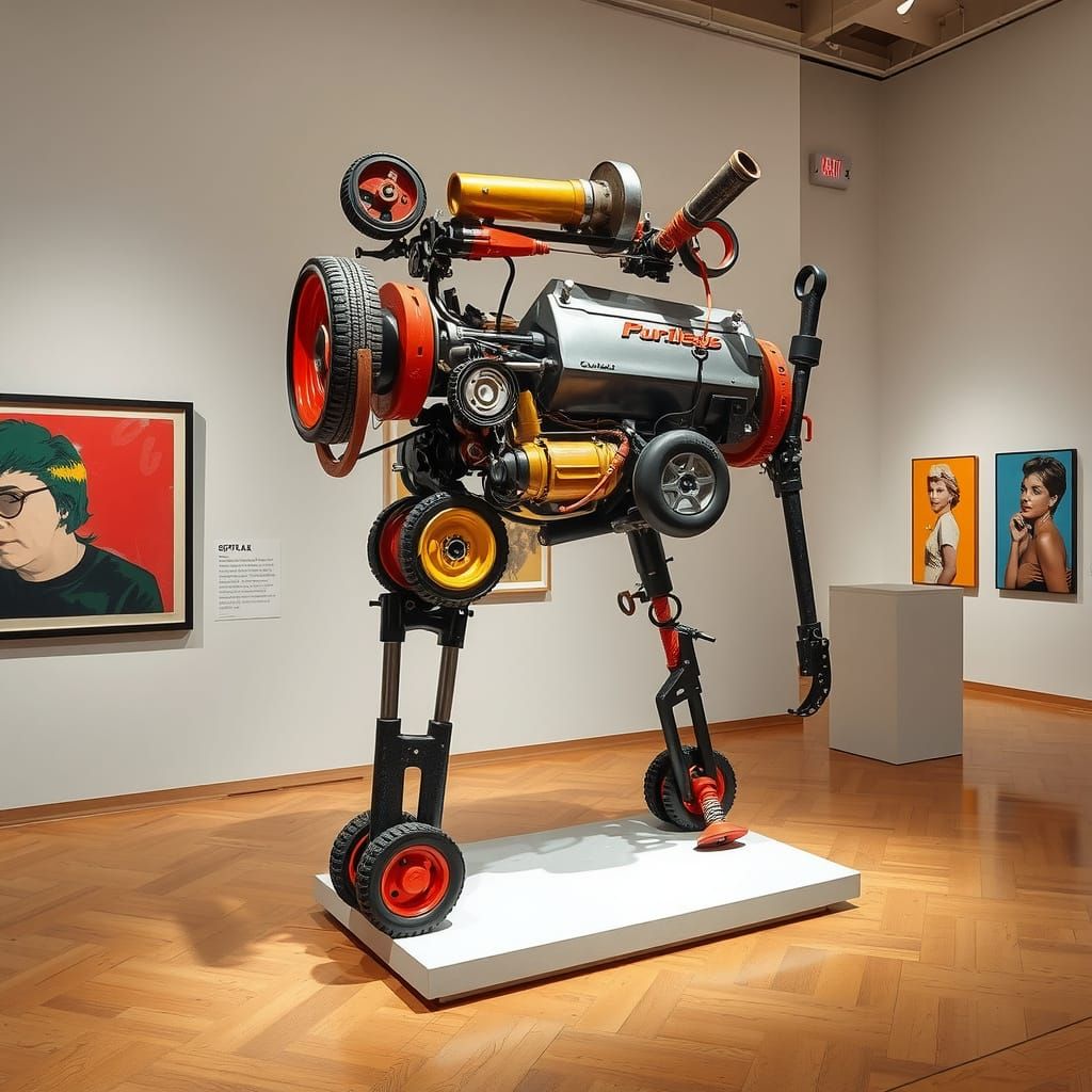 A abstract modern sculpture made from old car parts