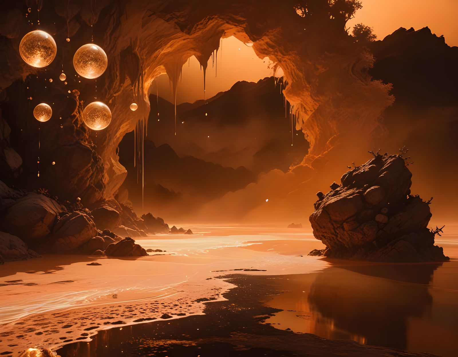 Bioluminescent Landscape with Impasto Painting Techniques