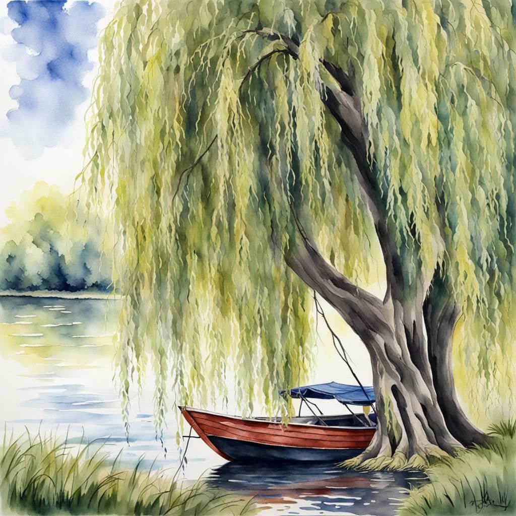 Watercolor Willow Tree at Lakeside with Boat