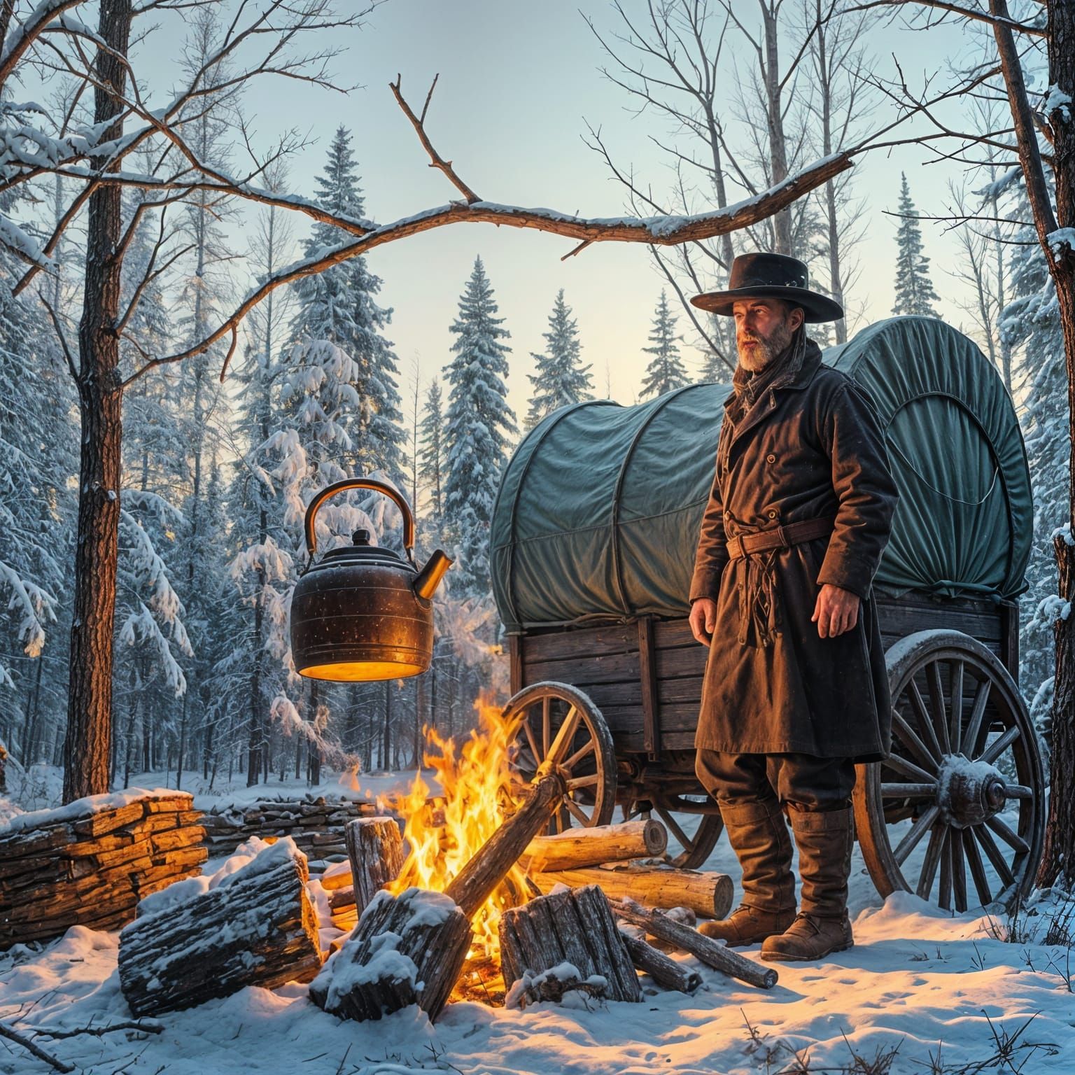 1800s Winter Campsite with Covered Wagon and Campfire