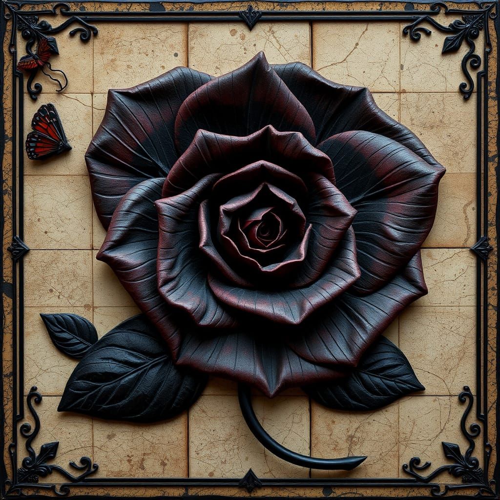 Diabolical Origami Black Rose in Encaustic Style