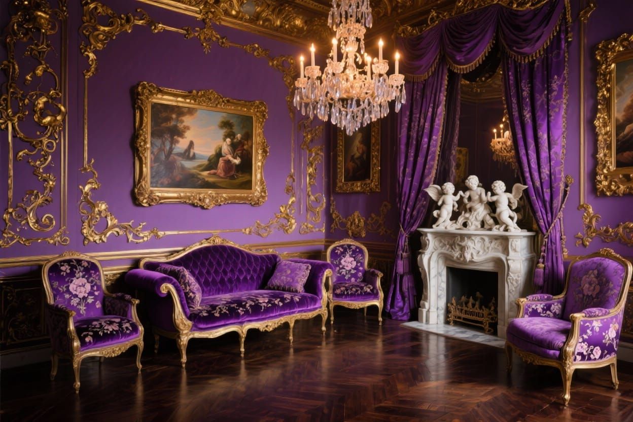 Lavish Baroque Sitting Room in Deep Violet and Gold