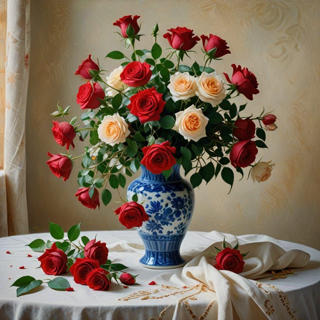 Impressionist Still Life with Fresh Roses and Jasmine in a D...