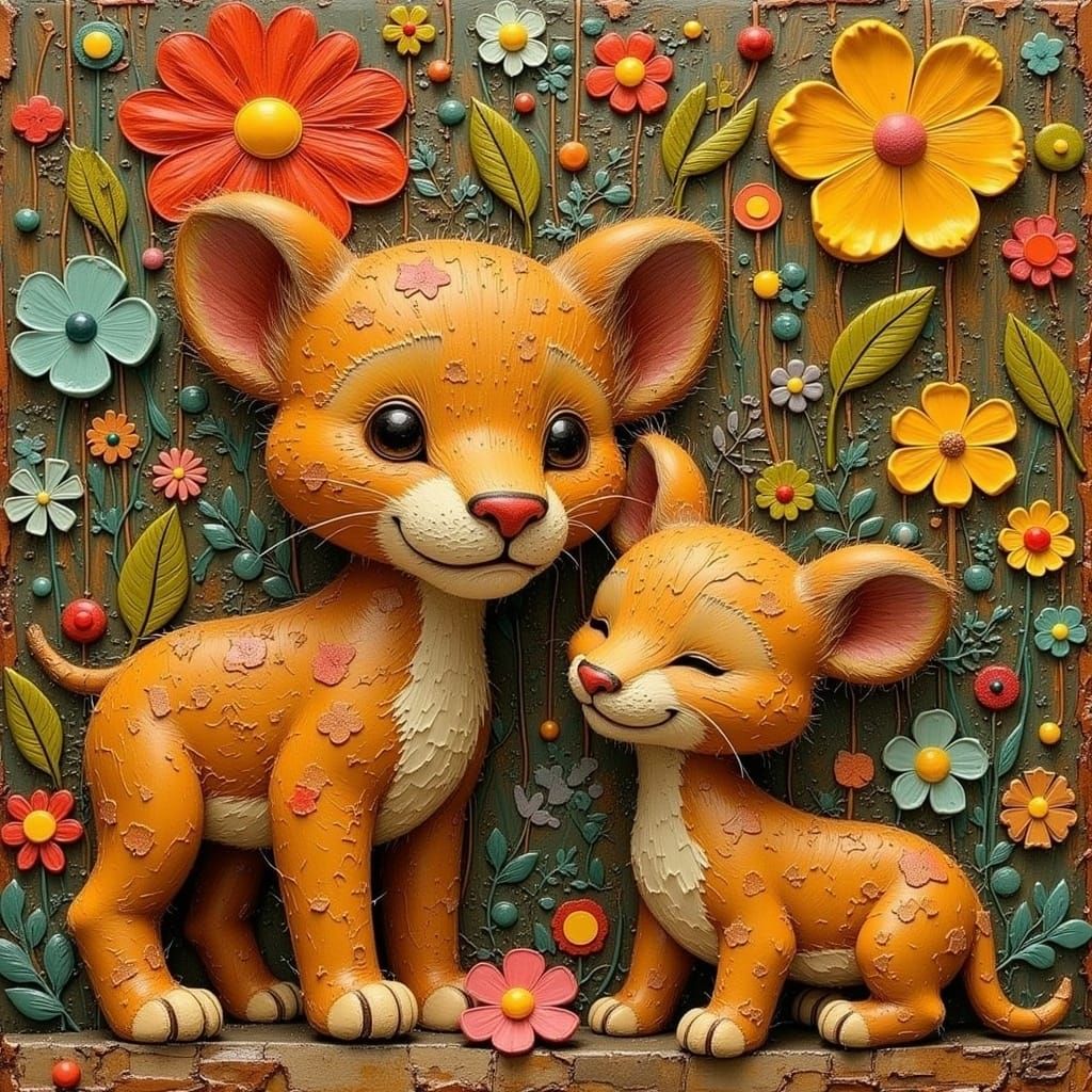 <lora:Asperam Coelo:1.0> in the style of naïve art, disneyverse smiling Timon and Pumba, bantu fabric, yarn doll :: mult...