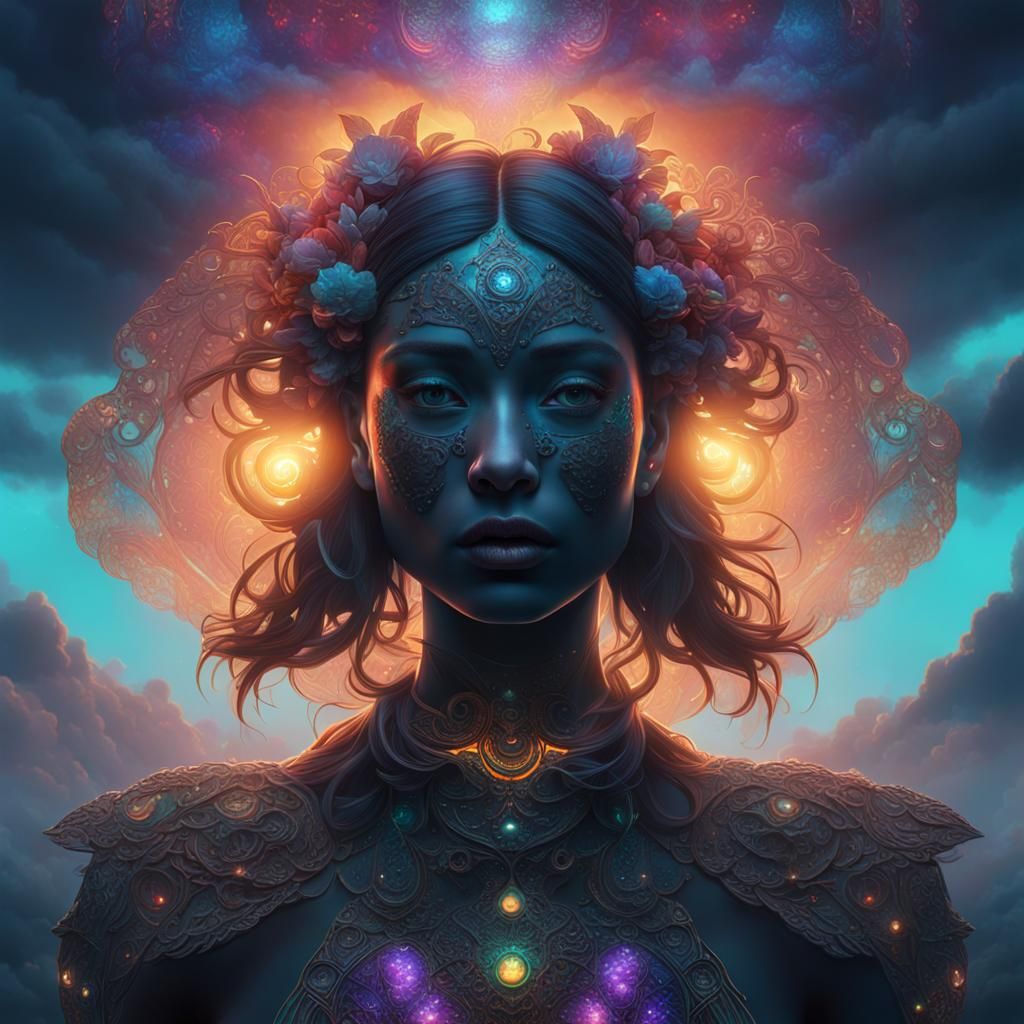 Ethereal Girl Portrait in Dreamy Sky with Art Nouveau Style