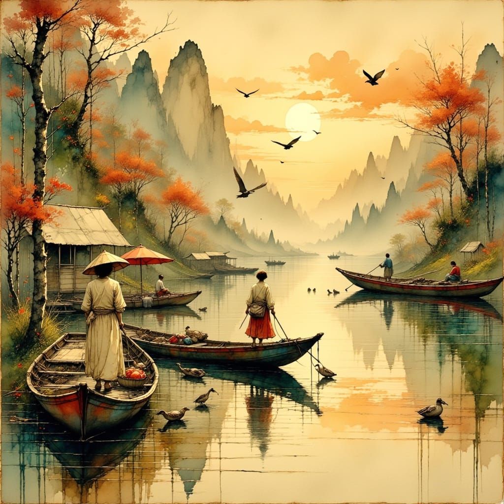 Chinese Fishing Boats on Serene Lake, Traditional Painting